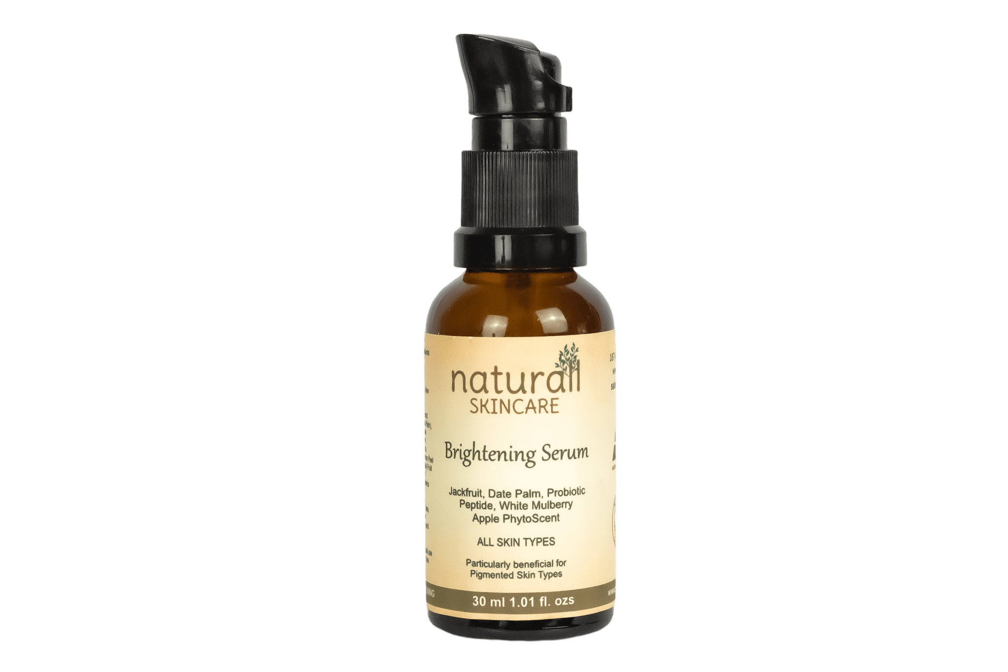 Bottle of Naturall Skincare Active Brightening Serum, a 30ml serum formulated with natural ingredients to enhance skin brightness, reduce dark spots, and improve overall skin tone for a more radiant complexion.