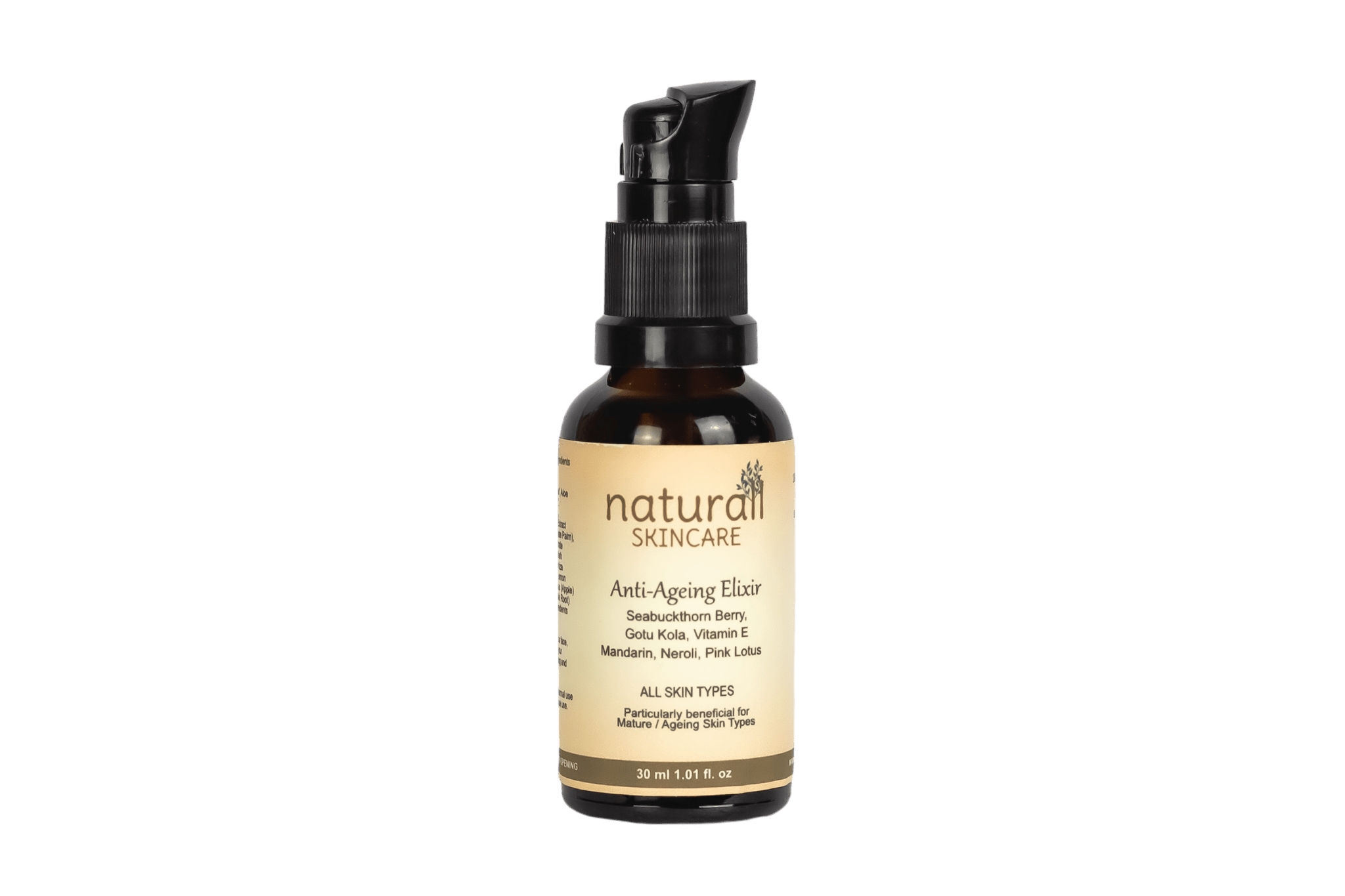 Bottle of Naturall Skincare Vegan Anti-Ageing Elixir, a 30ml serum enriched with natural, plant-based ingredients designed to reduce the appearance of fine lines and wrinkles, promoting youthful and radiant skin