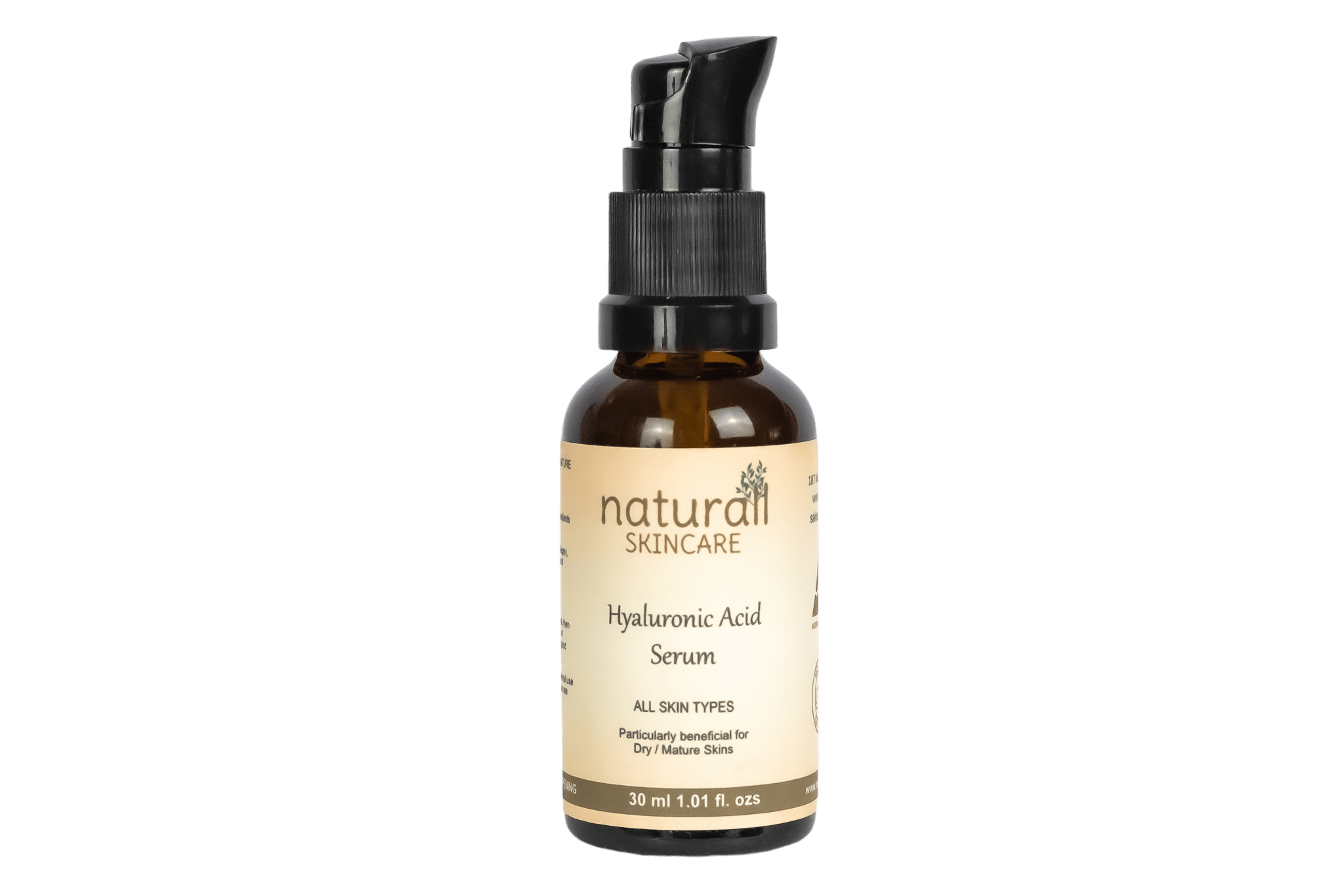 Bottle of Naturall Skincare Hyaluronic Acid Serum, a 30ml hydrating serum designed to deeply moisturize, plump, and smooth the skin, reducing the appearance of fine lines and providing a more youthful complexion