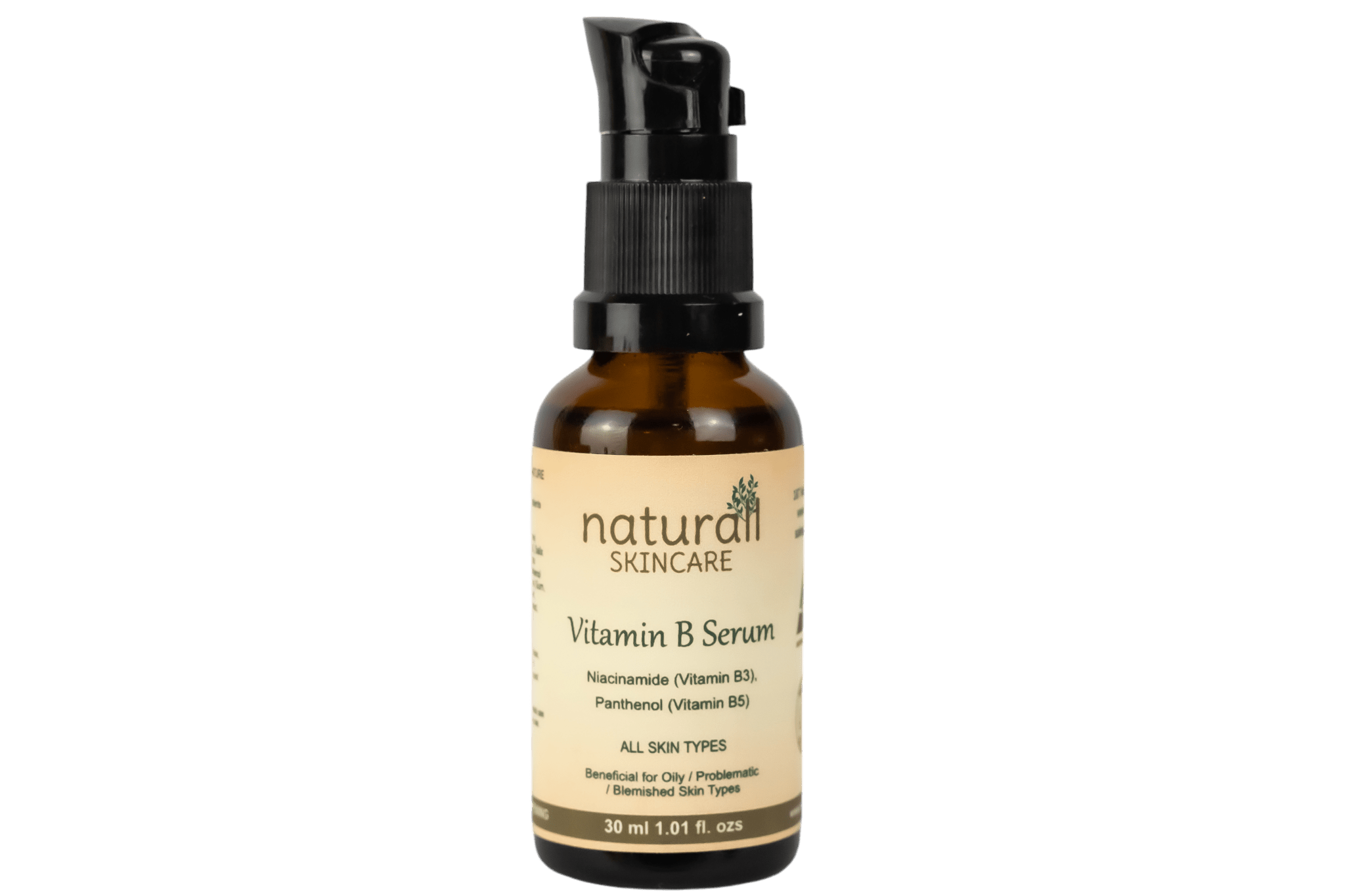 Bottle of Naturall Skincare Vitamin B Serum, featuring ingredients like Niacinamide (Vitamin B3) and Panthenol (Vitamin B5), designed for all skin types, especially beneficial for oily and blemished skin.